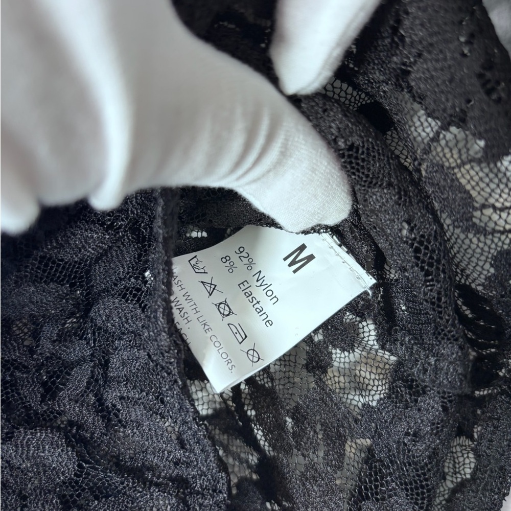 Stems Revolve Black Sheer Lace Long Sleeve Mock Neck Thong Bodysuit Medium New - Picture 6 of 6